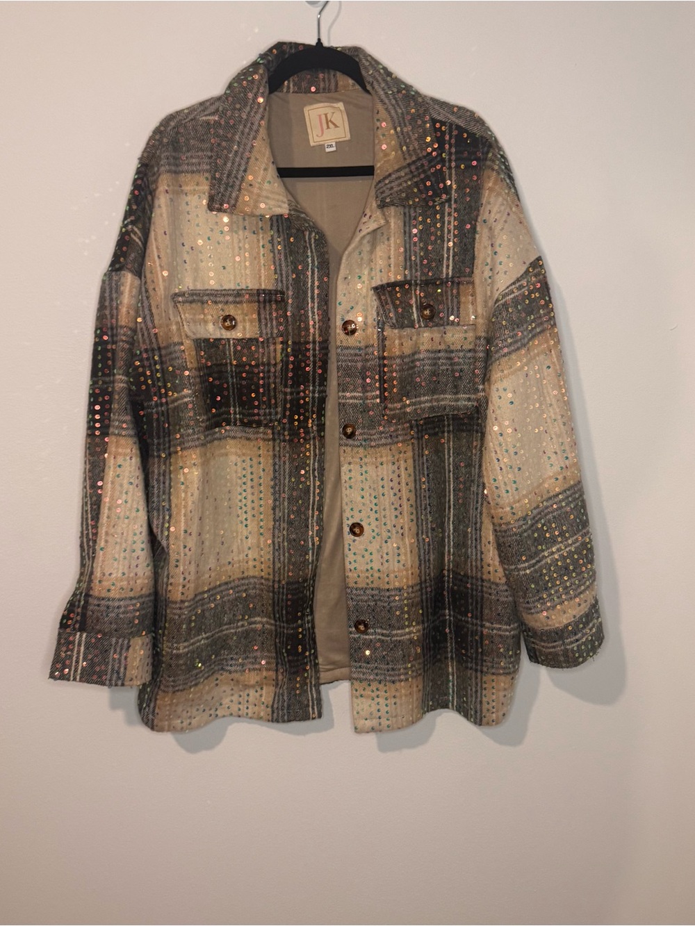 JK Womens 2XL XXL Plaid Sequin Shacket Beige Gray Button Front Shirt Jacket